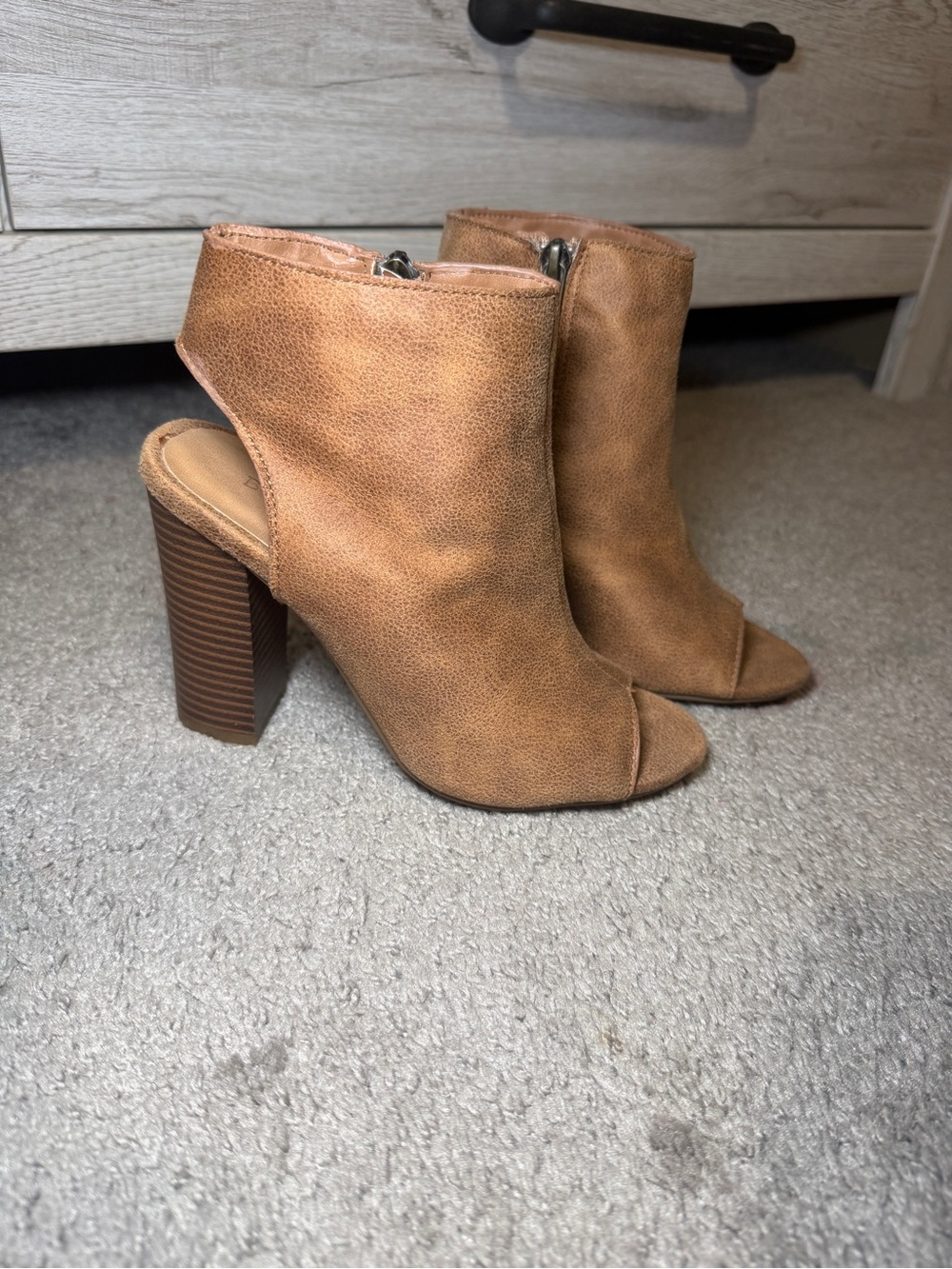 BAMBOO Tan Open-Toe Block Heel Booties